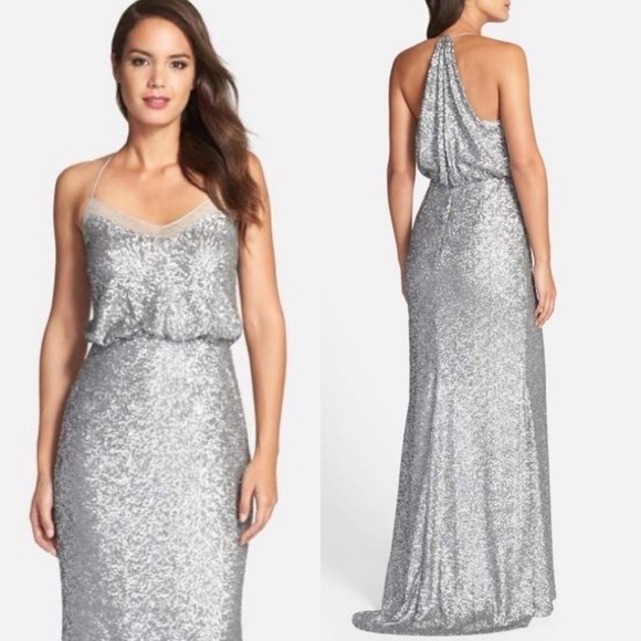 𝅺Badgley Mischka Matte Silver Sequin Mermaid Gown Sz 2 - Picture 1 of 15